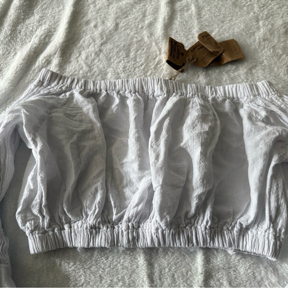 New Natural Cotton Lola Flare Off Shoulder Top High Waisted Shorts White Outfit - Picture 9 of 14